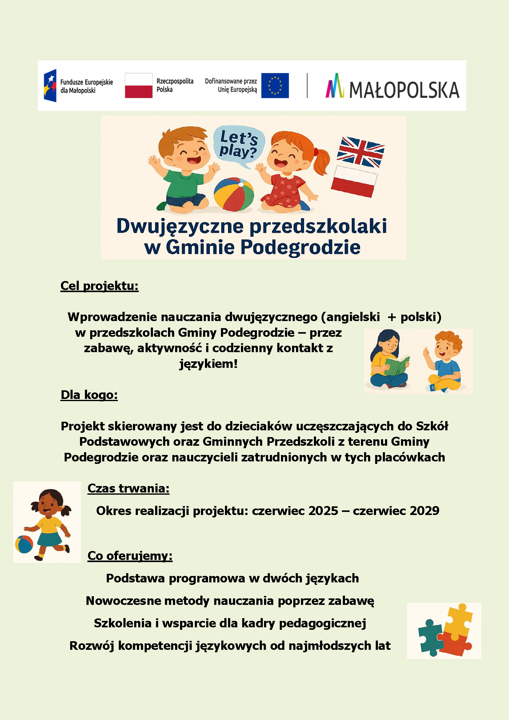 Rekrutacja do projektu  „Let’s play! Dwujęzyczne przedszkolaki w Gminie Podegrodzie”