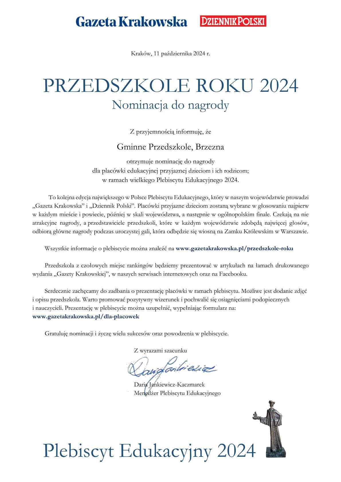 Nominacja Przedszkola i p. Lidii Potoniec w Plebiscycie Edukacyjnym